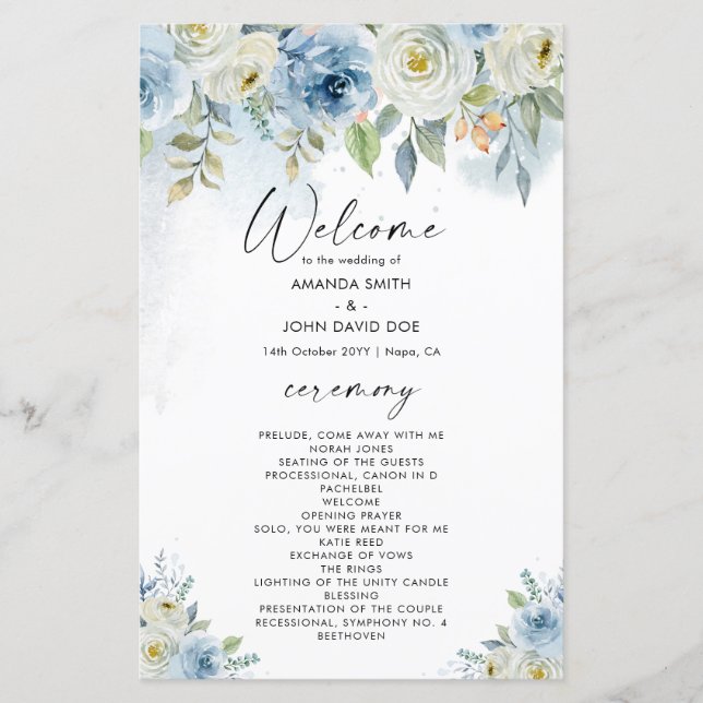 Blue and White Floral Wedding Program Card (Front)