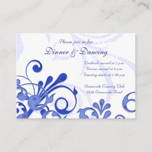 Blue and White Floral Wedding Reception Card Business Cards