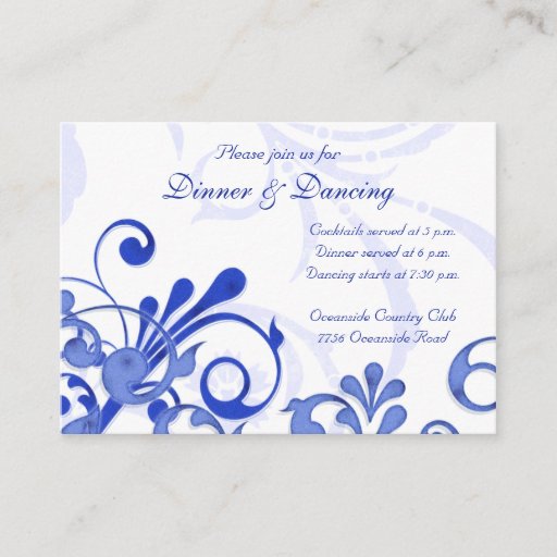 Customizable Blue and White Floral Wedding Reception Card Business Cards