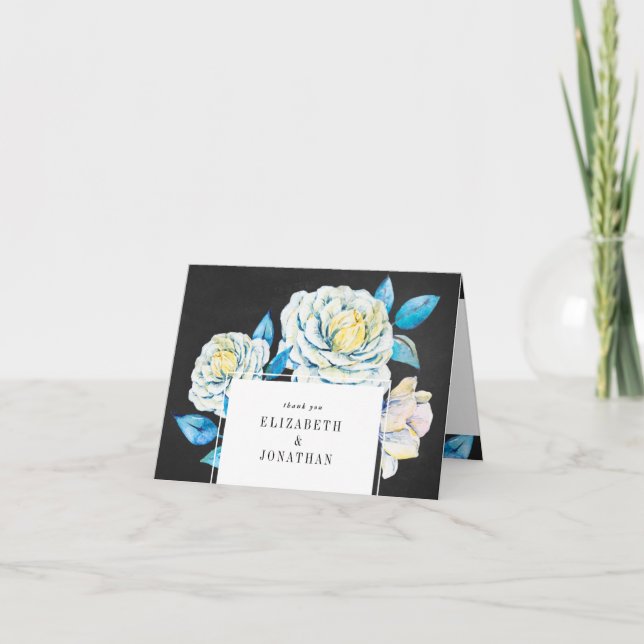 Blue and White Floral Wedding Thank You Card Chalk (Front)