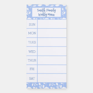 Blue and White Floral Weekly Menu Magnetic Notepad