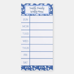 Blue and White Floral Weekly Menu Magnetic Notepad