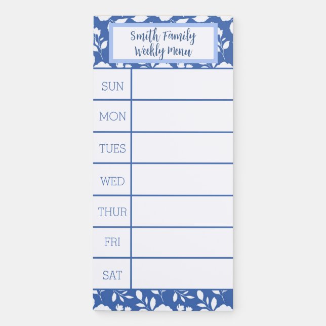 Blue and White Floral Weekly Menu Magnetic Notepad (Front)