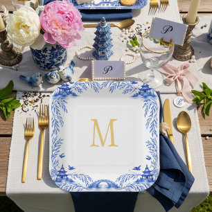 Blue and White Floral Willow Tile Monogram Paper Plates