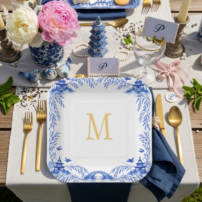 Blue and White Floral Willow Tile Monogram Paper Plates (Blue and White Floral Willow Tile Monogram Paper Plates)