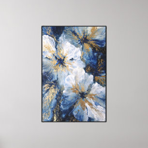 Blue and White Floral with Gold – Abstract Wall Canvas Print