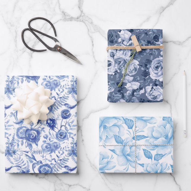 Blue and White Floral Wrapping Paper Sheets (Front)