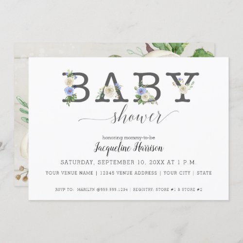 Blue and White Florals Rustic  Boy Baby Shower Invitation