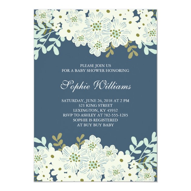 Blue And White Flower Baby Shower Invitation