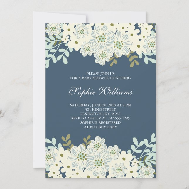 Blue and White Flower Baby Shower Invitation (Front)