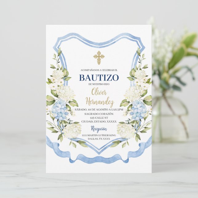 Blue and white flower Bautizo Spanish Invitation (Standing Front)