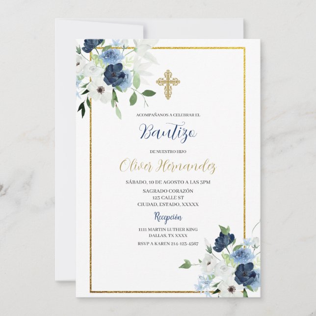 Blue and white flower Bautizo Spanish Invite (Front)