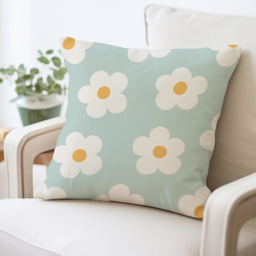 Blue and White Flower Pattern Daisy Throw Pillow