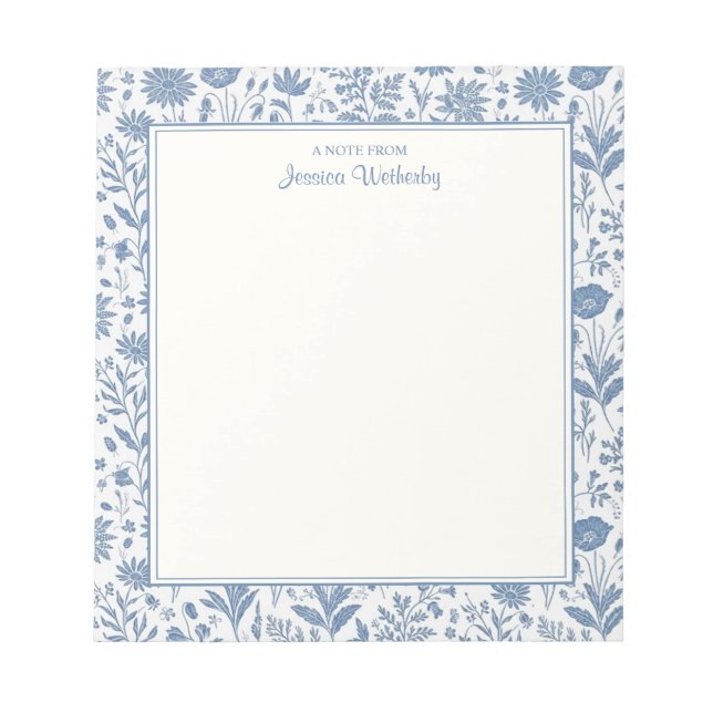 Blue and White Flower Toile Pattern Personalized Notepad (Front)