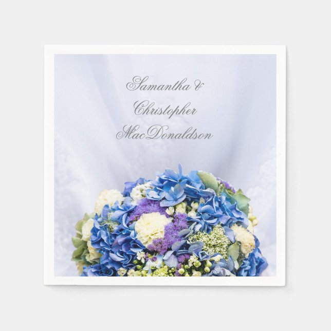 Blue and white flowers and wedding dress paper napkins (Front)
