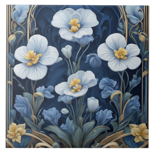 Blue and White Flowers Art Deco Art Nouveau Floral Ceramic Tile