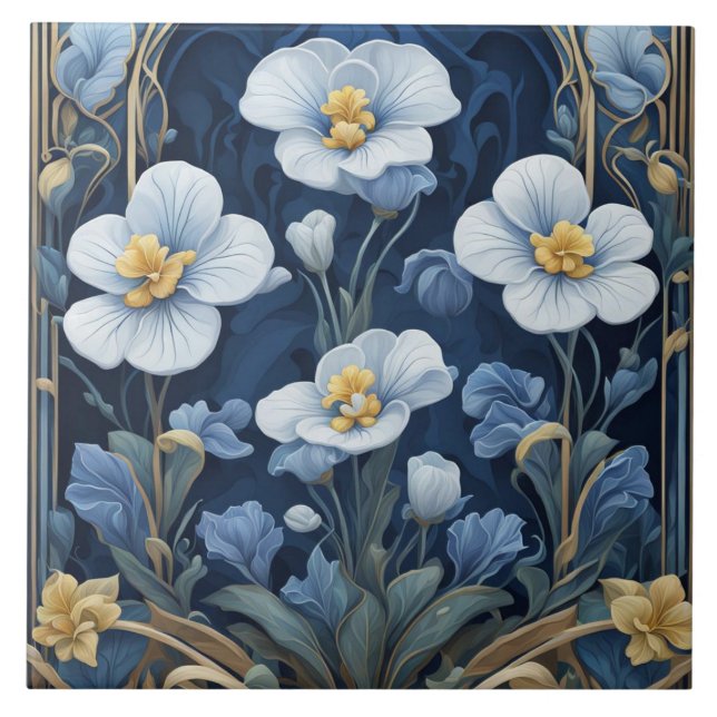 Blue and White Flowers Art Deco Art Nouveau Floral Ceramic Tile (Front)