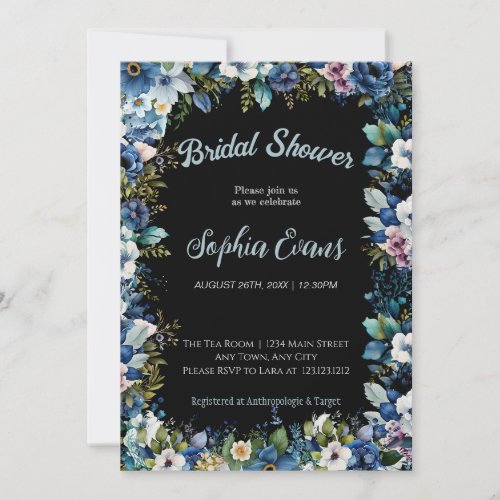 Blue and White Flowers Black Bridal Shower Invitation