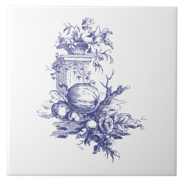 Blue and White Flowers & Fruit Ceramic Tile (Front)