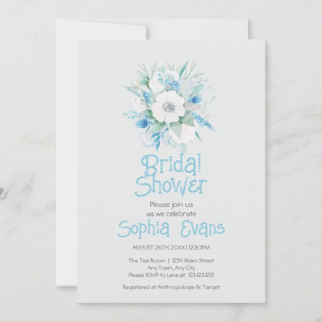 Blue and White Flowers Gray Bridal Shower Invitation (Front)