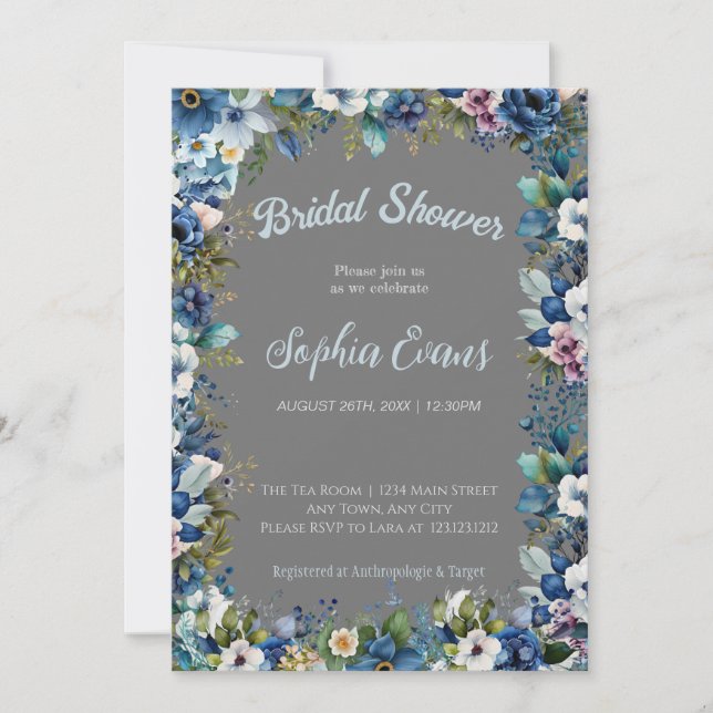 Blue and White Flowers Gray Bridal Shower Invitation (Front)