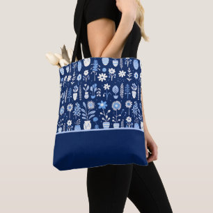 Blue and White Flowers in Vases, Color Block Tote Bag