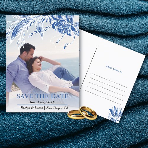 Blue and white flowers photo Save the Date Postcard