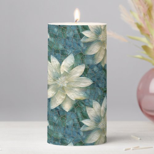 Blue and White Flowers Pillar Candle