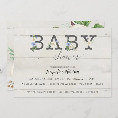 Blue and White Flowers Rustic  Boy Baby Shower Invitation