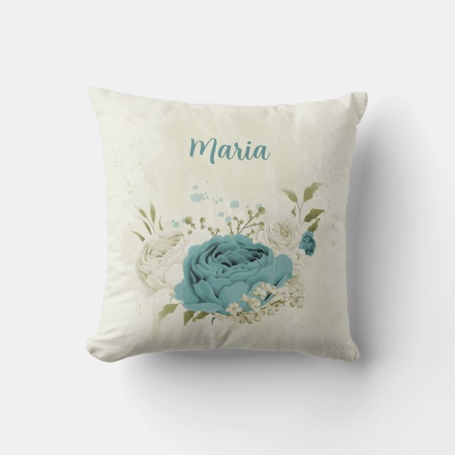 blue and white flowers throw pillow (Front)