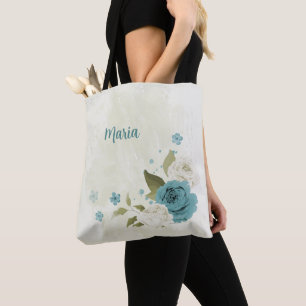 blue and white flowers tote bag
