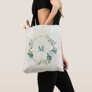 blue and white flowers tote bag