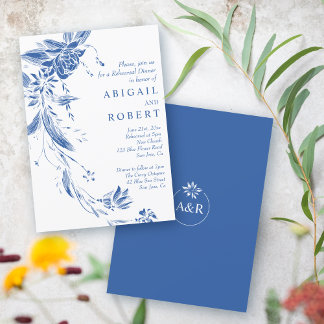 Blue and white flowers wedding Rehearsal Dinner Invitation