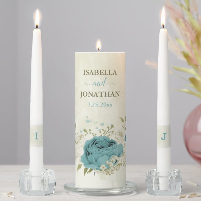 blue and white flowers wedding unity candle set (In Situ)