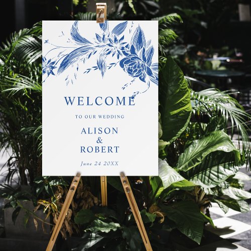 Blue and white flowers wedding welcome sign