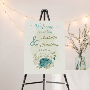 blue and white flowers wedding welcome sign