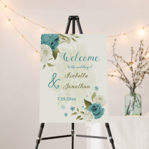 blue and white flowers wedding welcome sign