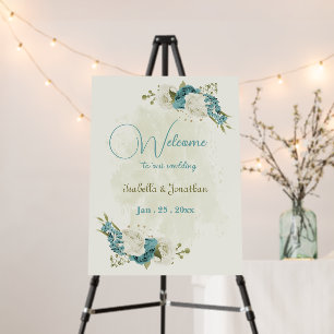 blue and white flowers wedding welcome sign