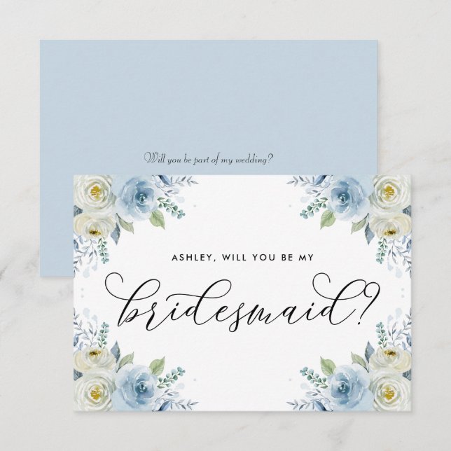 Blue and White Flowers Will You Be My Bridesmaid (Front/Back)