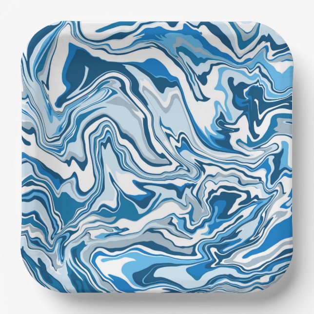  Blue and white Fluid Art Marble  Paper Plates (Front)