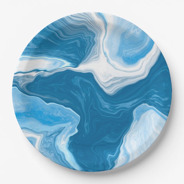  Blue and white Fluid Art Marble  Paper Plates (Front)
