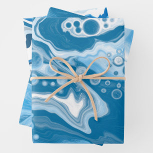 Blue and White Fluid Art Marble Wrapping Paper Sheets
