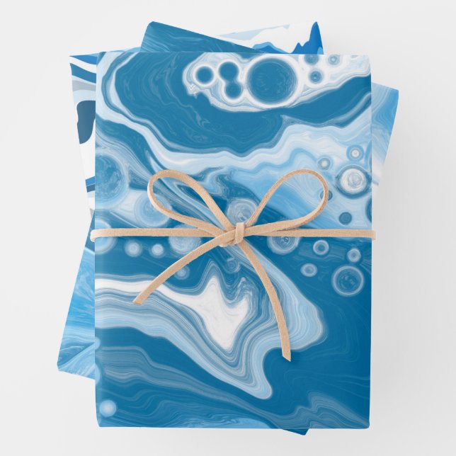 Blue and White Fluid Art Marble Wrapping Paper Sheets (In situ)