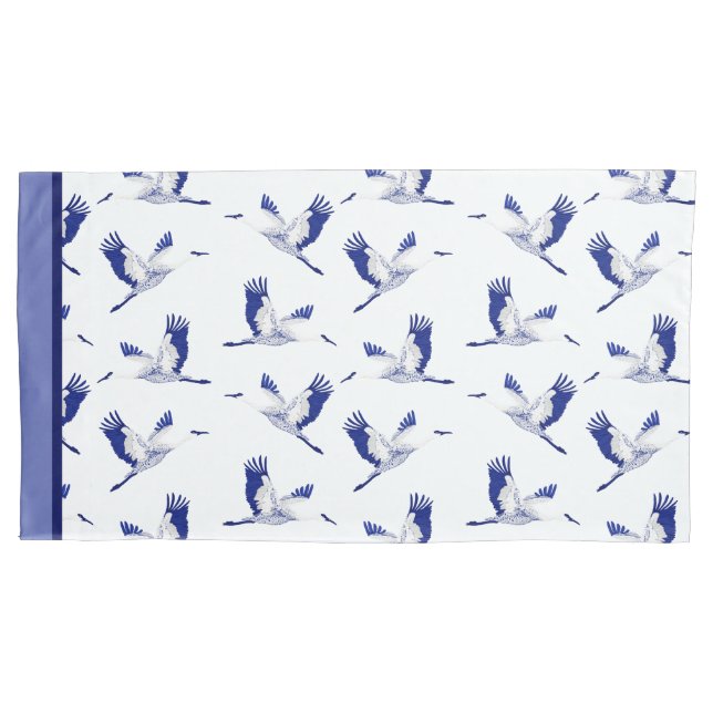 Blue and white flying cranes pillow case (Front-Left)