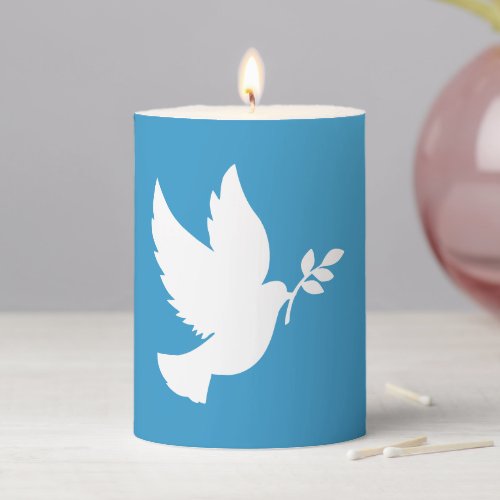Blue and White Flying Peace Dove Olive Branch Pillar Candle