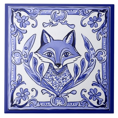 Blue and White Fox Asian Style Folk Animal Art Ceramic Tile