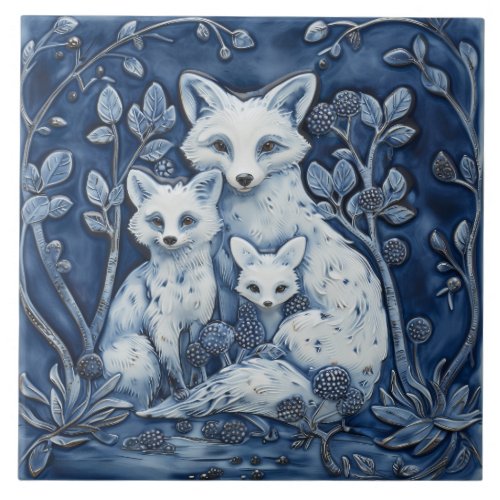 Blue and White Fox Family Wood Animals Ceramic Tile