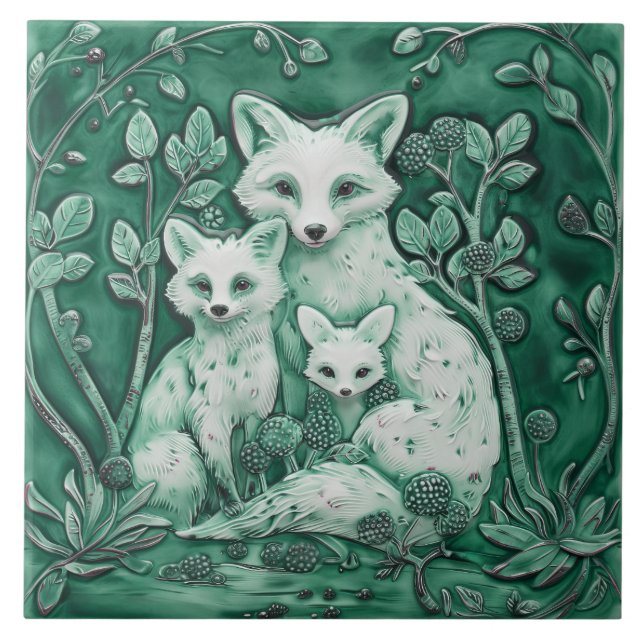 Blue and White Fox Family Wood Animals Ceramic Tile (Front)