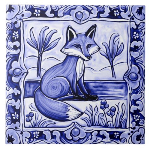Blue and White Fox Mediterranean Folk Animal Art Ceramic Tile