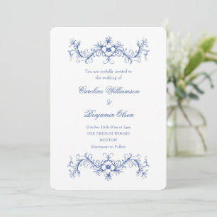 Blue and White French Floral Elegant Wedding Invitation